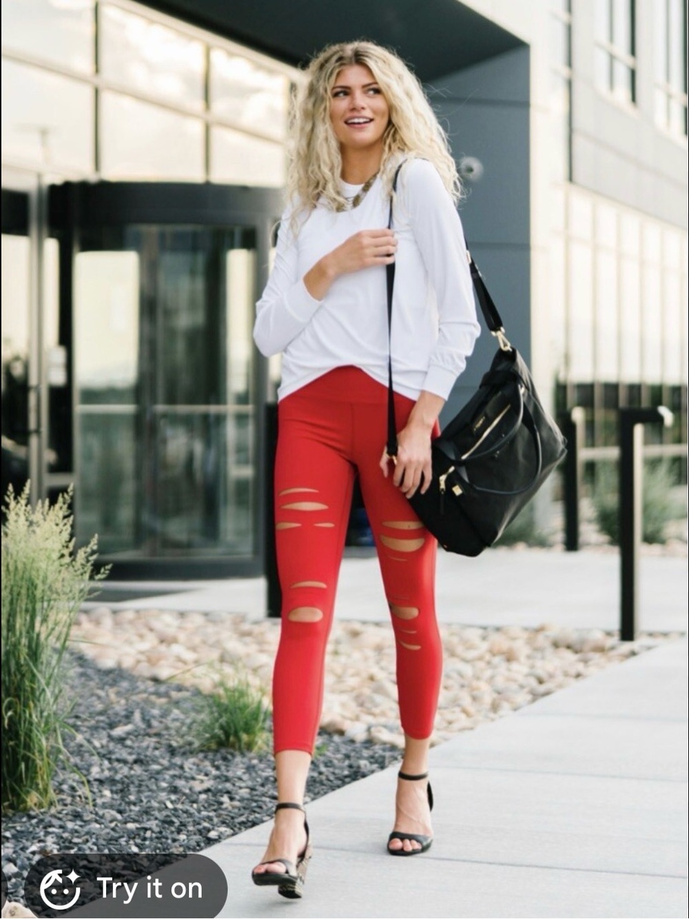 Women's Red Ripped Active Leggings